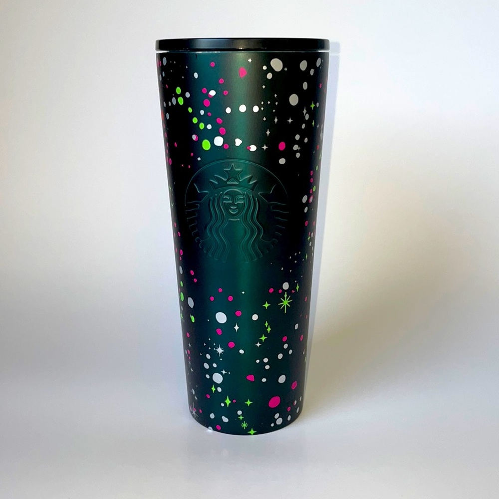 2020 Starbucks Metal Tumbler Dark Green with Hot Pink Green and White Confetti - Picture 1 of 7